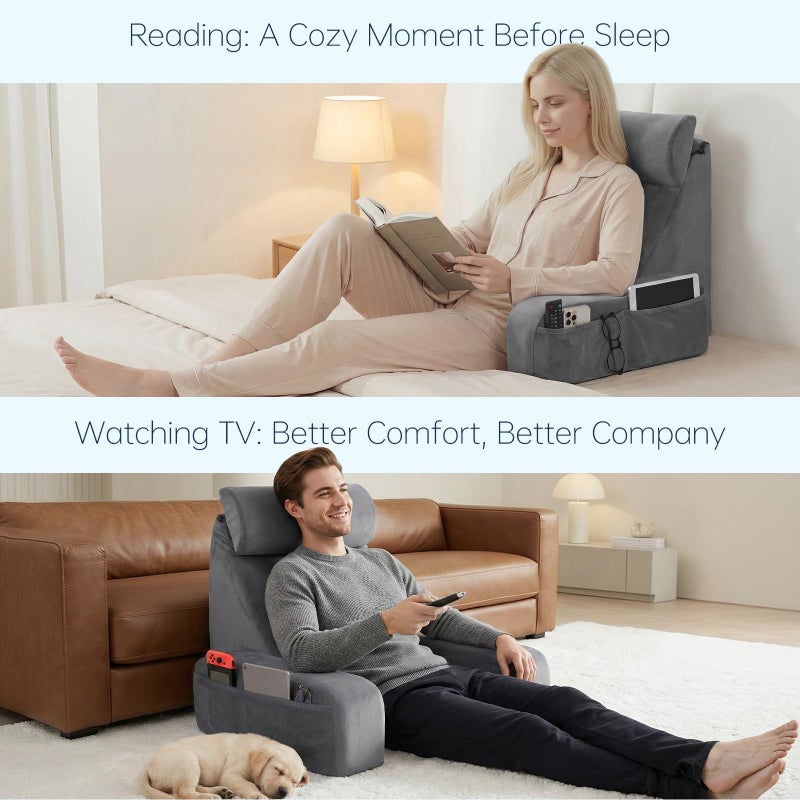 ENITYA 19" Back Support Pillow,Reading Pillow with Attached Arms & Large Pockets, Removable Washable Cover, Wedge for Sitting,Reclining,Watching TV,Post Surgery in Bed,Couch or Floor,Medium Firm,Grey - Image 5