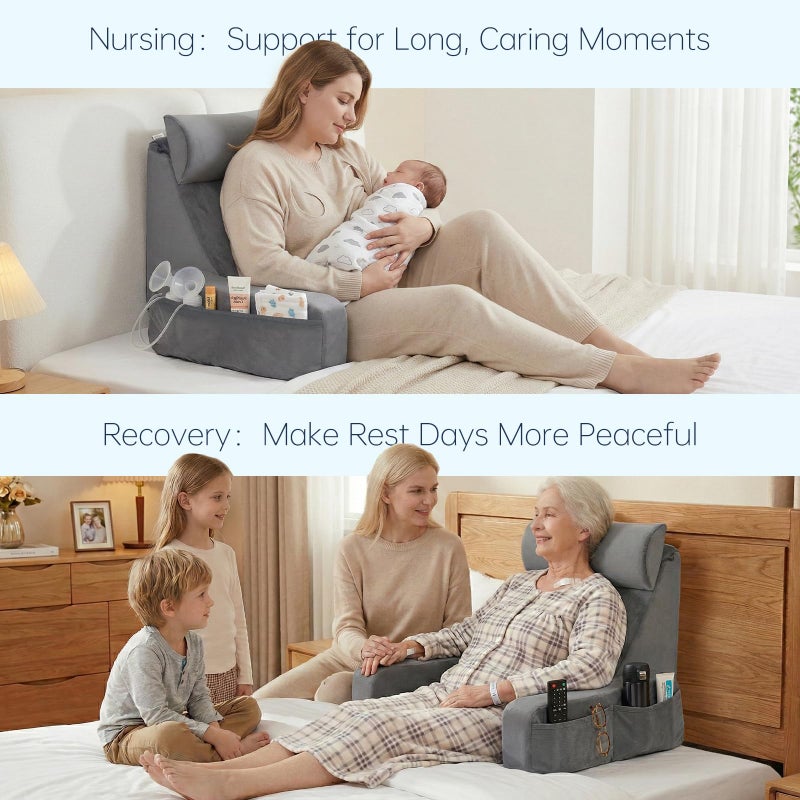 ENITYA 19" Back Support Pillow,Reading Pillow with Attached Arms & Large Pockets, Removable Washable Cover, Wedge for Sitting,Reclining,Watching TV,Post Surgery in Bed,Couch or Floor,Medium Firm,Grey - Image 4