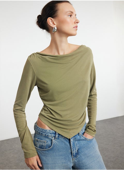 Green Modal Fabric Lace Collar Draped Padded Asymmetrical Knitted Blouse TWOAW25BZ00031