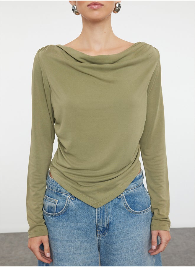 Green Modal Fabric Lace Collar Draped Padded Asymmetrical Knitted Blouse TWOAW25BZ00031