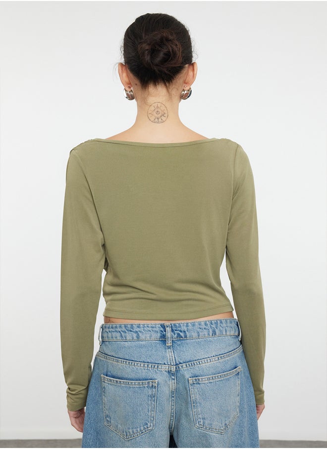 Green Modal Fabric Lace Collar Draped Padded Asymmetrical Knitted Blouse TWOAW25BZ00031