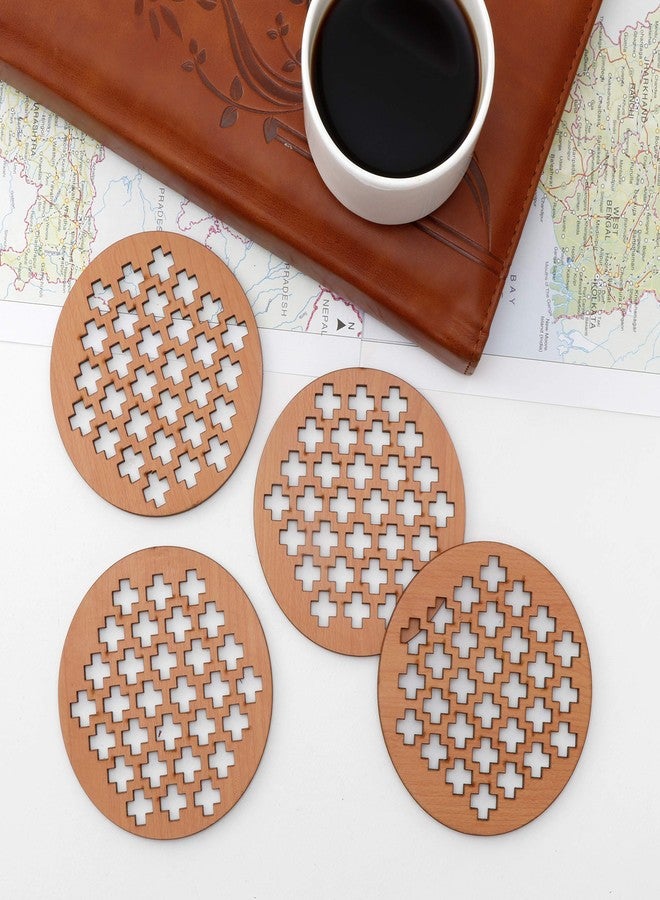 DULI Lasercut MDF Wooden Coasters for Tea Coffee (Set of 4) (Plus Design) - Image 1