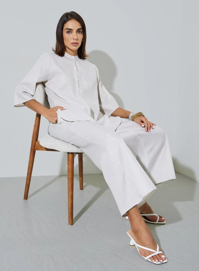 أميرة Grey Solid Stand Collar Top and Wide Leg Trousers Set