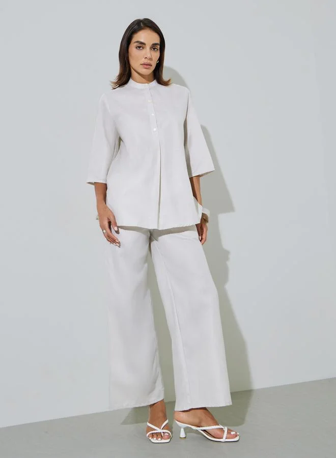 أميرة Grey Solid Stand Collar Top and Wide Leg Trousers Set