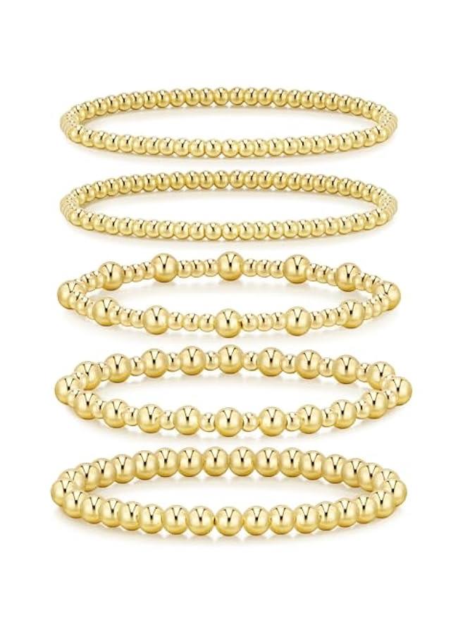Arabest Gold Bracelets for Women Waterproof, 14K Gold Plated Beaded Strand Bead Ball Bracelets stack Adjustable Jewelry Set for Gifts - Image 1