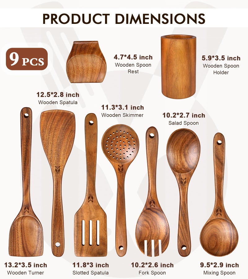 ICSTI Wooden Spoons for Cooking, 9 Pcs Natural Teak Wooden Utensil Set with Spoon Rest, Comfortable Grip Wooden Cooking Utensils Set with Holder for Nonstick Cookware, Sturdy, Lightweight & Heat Resistant - Image 3