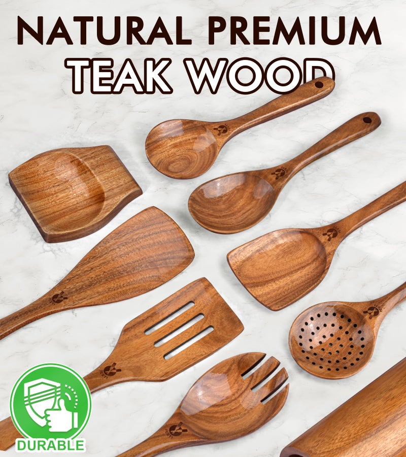 ICSTI Wooden Spoons for Cooking, 9 Pcs Natural Teak Wooden Utensil Set with Spoon Rest, Comfortable Grip Wooden Cooking Utensils Set with Holder for Nonstick Cookware, Sturdy, Lightweight & Heat Resistant - Image 2