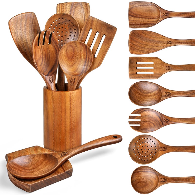 ICSTI Wooden Spoons for Cooking, 9 Pcs Natural Teak Wooden Utensil Set with Spoon Rest, Comfortable Grip Wooden Cooking Utensils Set with Holder for Nonstick Cookware, Sturdy, Lightweight & Heat Resistant - Image 1