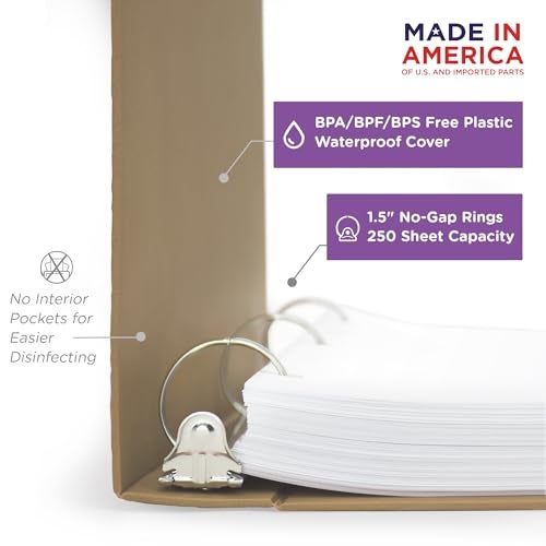Carstens 1.5-Inch Heavy Duty 3-Ring Binder - Side Opening, Taupe, Durable Plastic, Precision No-Gap Rings, Waterproof Covers, No Pockets, Holds 250 Letter-Size Sheets, BPA-Free, Made in USA (2046-3R) - Image 2