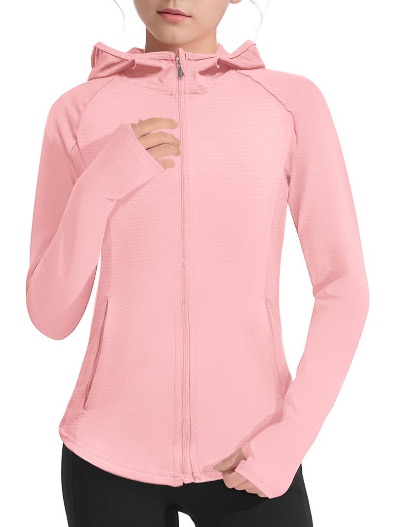 LIONJIE Girls Lightweight Jacket Long Sleeve Zip Up Athletic Hoodie Top UPF50 Fishing Hiking Sun Protection Outwear US Age 8 Years 9 Years Pink - Image 2