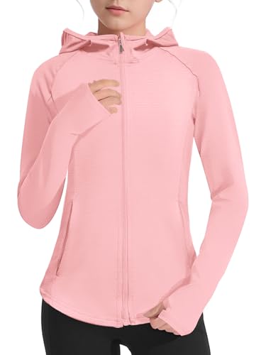 LIONJIE Girls Lightweight Jacket Long Sleeve Zip Up Athletic Hoodie Top UPF50 Fishing Hiking Sun Protection Outwear US Age 8 Years 9 Years Pink - Image 1