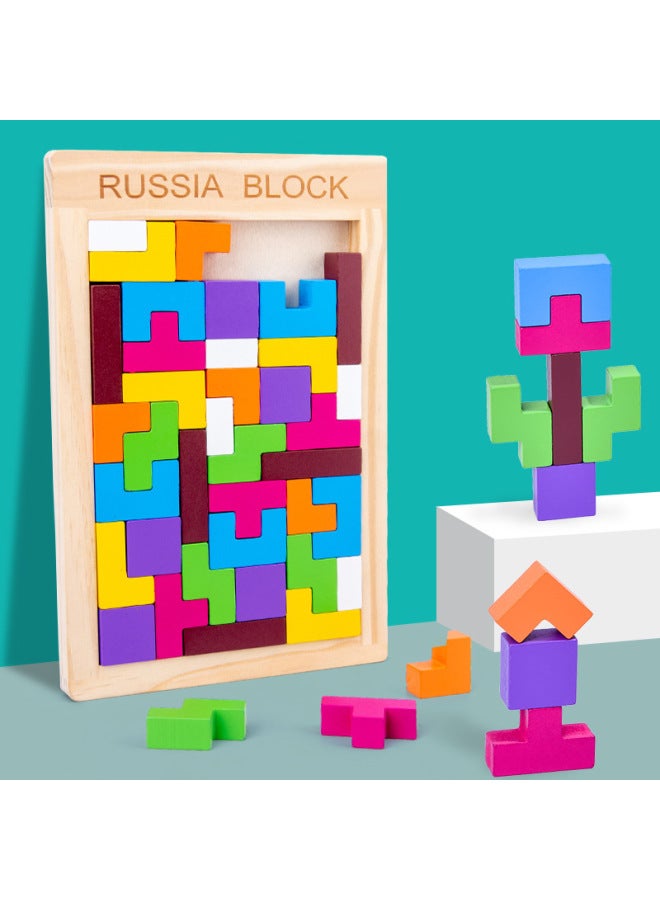 صندوق خشبي ملون تتريس اللبنات لغز الأطفال ألعاب تعليمية هندسية ثلاثية الأبعاد لغز اللبنات بالجملة-اللون: اللبنات الروسية - Image 3