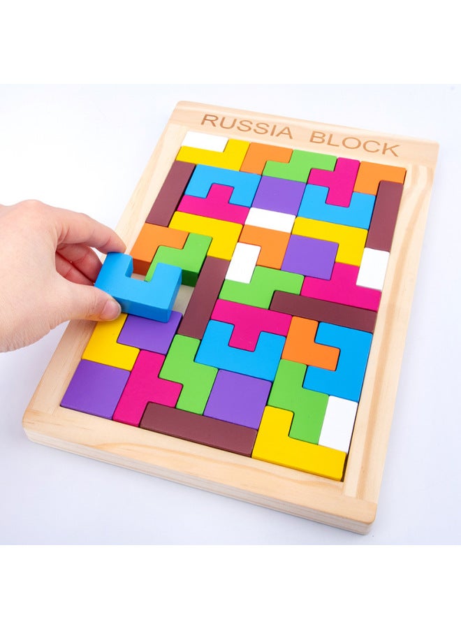 صندوق خشبي ملون تتريس اللبنات لغز الأطفال ألعاب تعليمية هندسية ثلاثية الأبعاد لغز اللبنات بالجملة-اللون: اللبنات الروسية - Image 5