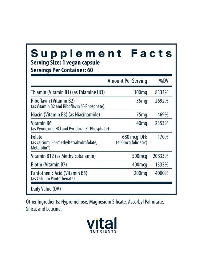 Vital Nutrients فيتامين ب المركب من فيتال نيوترينتس | فيتامينات ب المركب الميثيلية عالية الفعالية للنباتيين | فيتامينات ب تدعم إنتاج الطاقة، والتمثيل الغذائي، وصحة القلب* | خالي من الجلوتين، الألبان، وفول الصويا | 60 كبسولة - Image 2