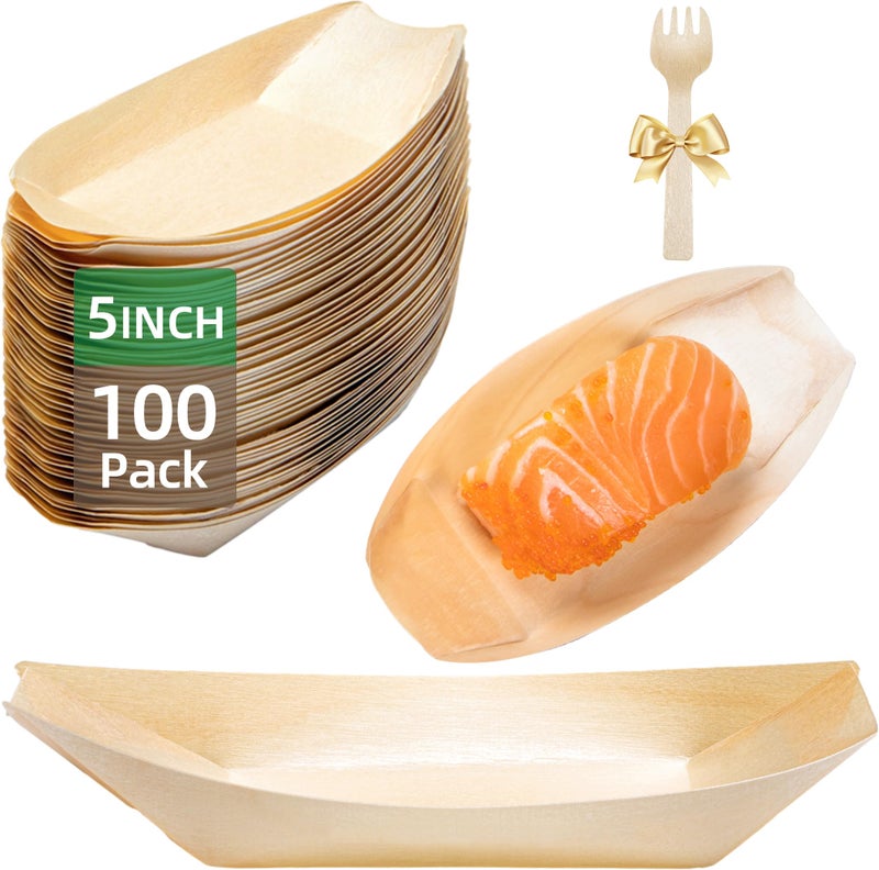 Suwodpak 100Pack Wooden Disposable Plates 5 IN Boat Plates Food Trays Disposable Dessert Plates Disposable Food Boats for Party Weddings Picnic Actual Size Used 295 D x 173 W x 059 H - Image 2