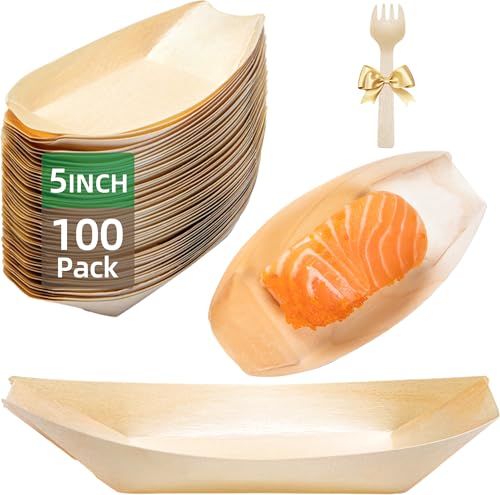 Suwodpak 100Pack Wooden Disposable Plates 5 IN Boat Plates Food Trays Disposable Dessert Plates Disposable Food Boats for Party Weddings Picnic Actual Size Used 295 D x 173 W x 059 H - Image 1