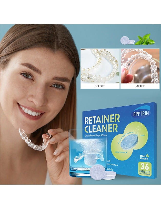 APPTRIN Retainer Cleaner，Retainer Cleaner Tablets Denture Cleaning Tablets for Dental Appliances and Night Mouth Guard Cleanser Removes Odors Stains Plaque-36Tablets - Image 1