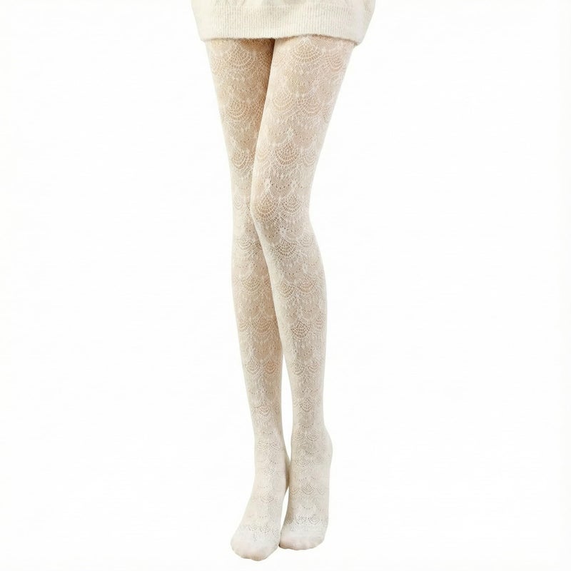 JaGely 1/2/3 Pair White Lace Tights for Women White Fishnet Hollow out Knitted Tights Lolita Stockings Lace Strips Pantyhose (1 Pairs,Phoenix Tail Pattern,90g) - Image 1