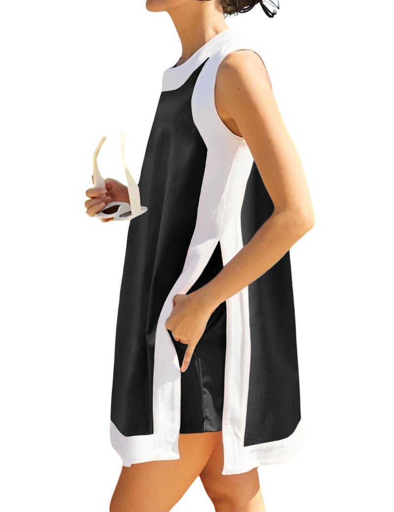 Hooever Women's 2 Piece Sets Casual Color Block Crewneck Sleeveless Pullover Tops Matching Shorts With Pockets(Black-M) - Image 1