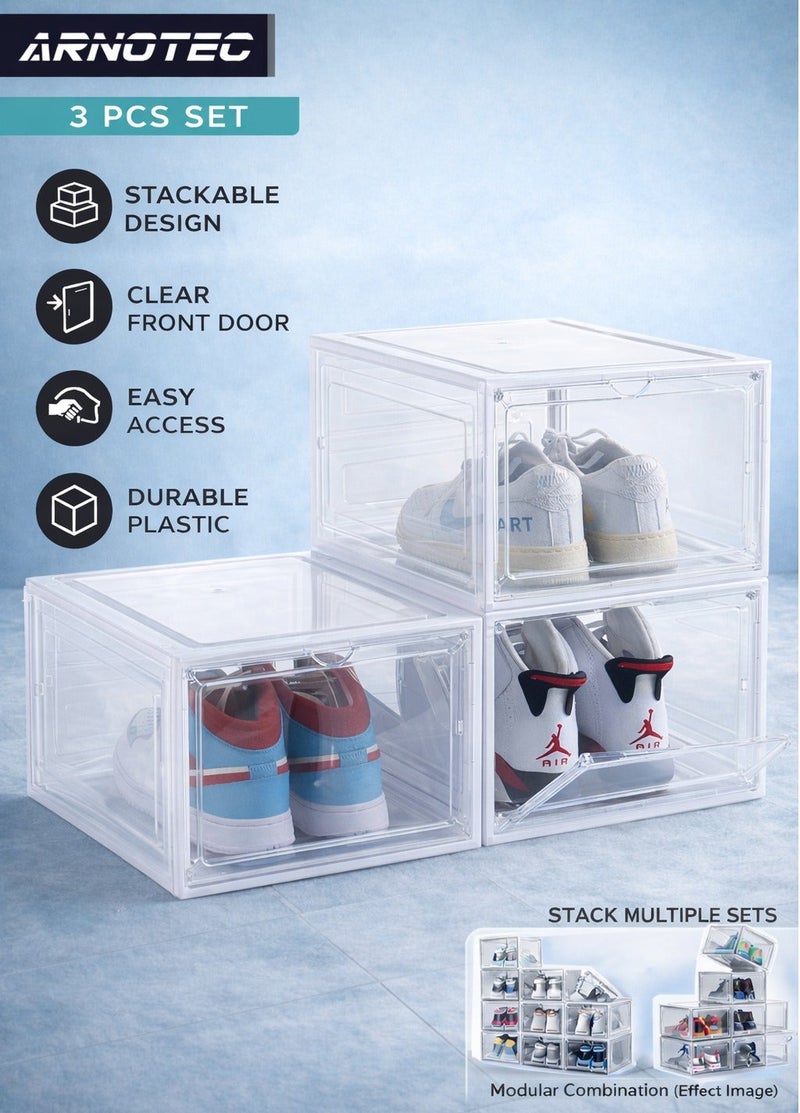 ARNOTEC صندوق أحذية بواجهة قابلة للفتح، مجموعة من 3، صندوق أحذية بلاستيكي قابل للتكديس مع باب شفاف، كصندوق تخزين أحذية وصندوق أحذية شفاف، لعرض الأحذية الرياضية، سهل التجميع، يناسب حتى مقاس 12 أمريكي - Image 1