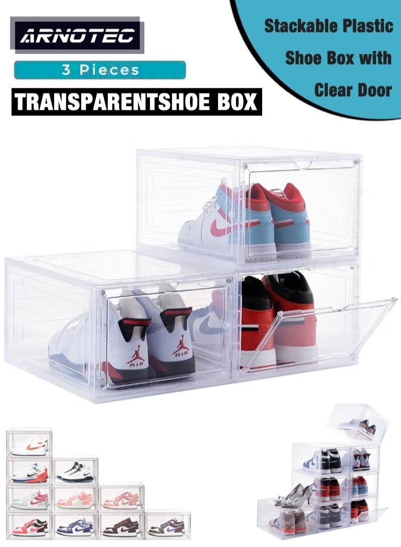 ARNOTEC صندوق أحذية بواجهة قابلة للفتح، مجموعة من 3، صندوق أحذية بلاستيكي قابل للتكديس مع باب شفاف، كصندوق تخزين أحذية وصندوق أحذية شفاف، لعرض الأحذية الرياضية، سهل التجميع، يناسب حتى مقاس 12 أمريكي - Image 2