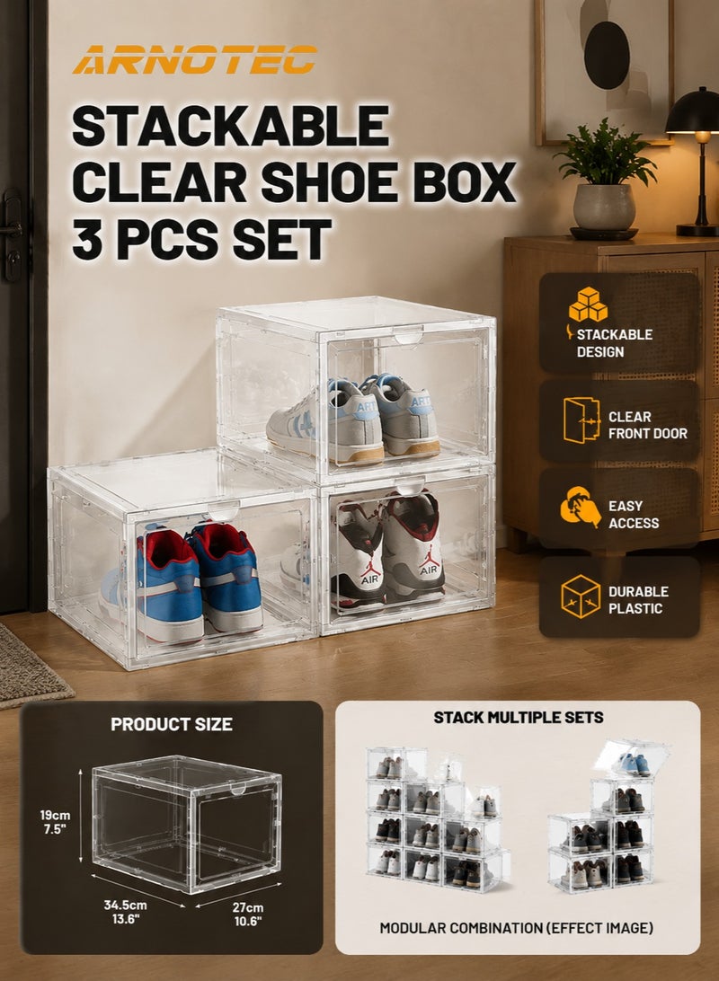 ARNOTEC Transparent Stackable Shoe Box Set of 3 with Magnetic Clear Door – Drop Front Sneaker Storage Organizer, Durable Plastic Shoe Boxes, Easy Assembly, Fits up to US Size 12 - Image 1