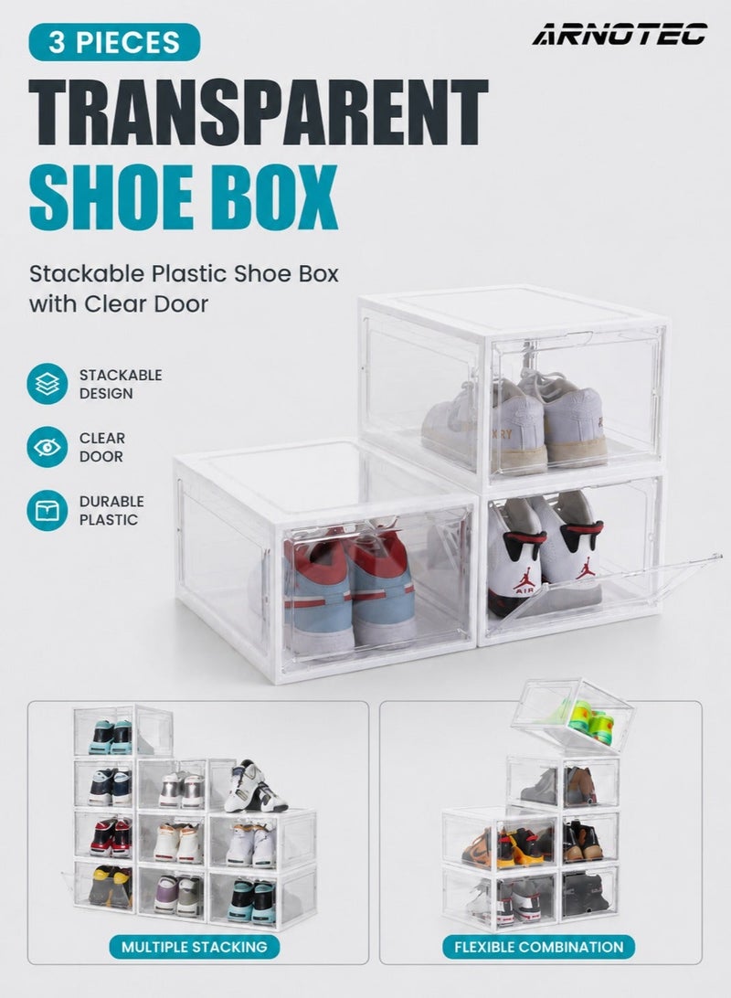 ARNOTEC Transparent Stackable Shoe Box Set of 3 with Magnetic Clear Door – Drop Front Sneaker Storage Organizer, Durable Plastic Shoe Boxes, Easy Assembly, Fits up to US Size 12 - Image 2