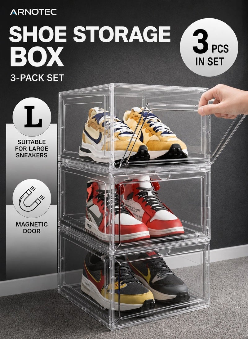 ARNOTEC Transparent Stackable Shoe Box Set of 3 with Magnetic Clear Door – Drop Front Sneaker Storage Organizer, Durable Plastic Shoe Boxes, Easy Assembly, Fits up to US Size 12 - Image 1
