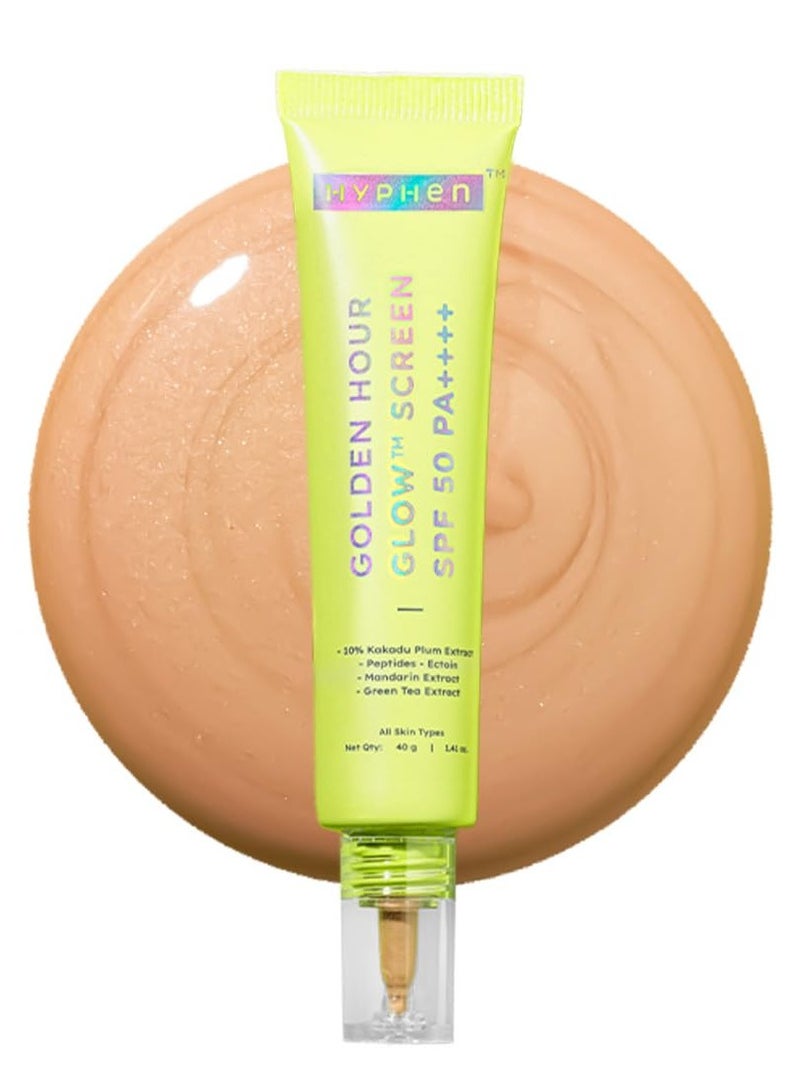 هايفن واقي من الشمس جولدن آور جلو واقي من الشمس بعامل حماية من الشمس بعامل حماية من الشمس 50 با++++ توهج ندي وبشرة مشرقة |غنية بفيتامين C-10% برقوق وببتيدات كاكادو برقوق وببتيدات | نساء رجال |خفيف الوزن وغير دهني، حماية من الأشعة فوق البنفسجية والضوء الأزرق |جميع أنواع البشرة - 40 جم - Image 1