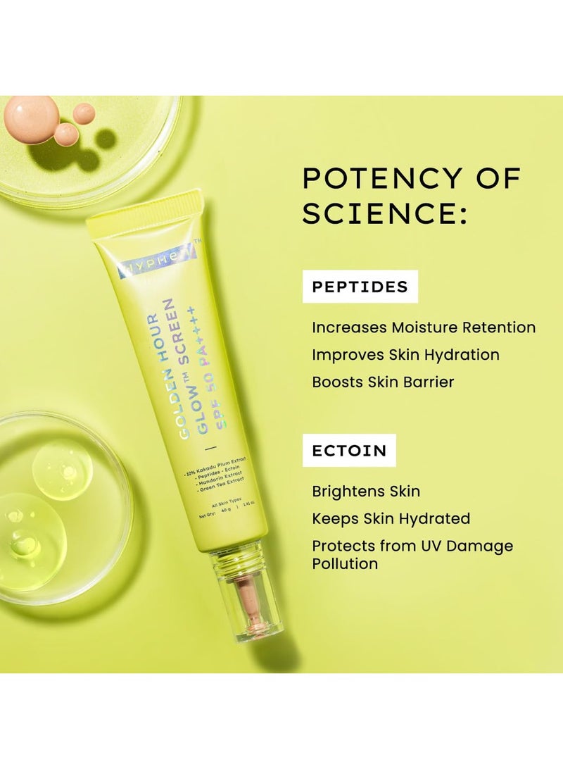 هايفن واقي من الشمس جولدن آور جلو واقي من الشمس بعامل حماية من الشمس بعامل حماية من الشمس 50 با++++ توهج ندي وبشرة مشرقة |غنية بفيتامين C-10% برقوق وببتيدات كاكادو برقوق وببتيدات | نساء رجال |خفيف الوزن وغير دهني، حماية من الأشعة فوق البنفسجية والضوء الأزرق |جميع أنواع البشرة - 40 جم - Image 5