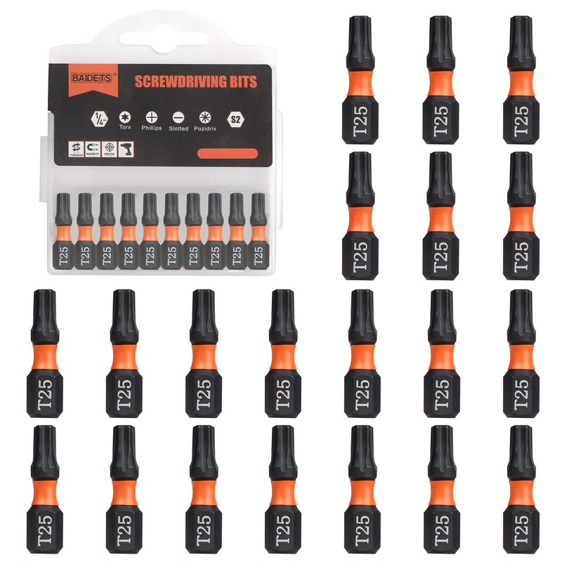 BAIDETS Pro T25 Bit Assortment Screwdriver Bits Set 20Pcs 25mm Length Torx Screwdriver Bit 14 Inch Hex Shank with Storage Box