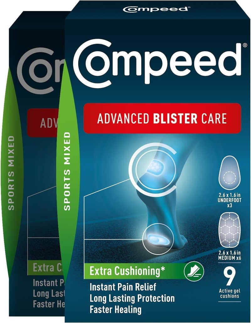 Compeed Advanced Blister Care Pads, Hydrocolloid Gel Cushions for Instant Pain Relief and Faster Healing, Sports Mixed Sizes, 9 Count (2 Packs) - Image 1