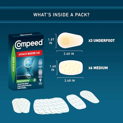 Compeed Advanced Blister Care Pads, Hydrocolloid Gel Cushions for Instant Pain Relief and Faster Healing, Sports Mixed Sizes, 9 Count (2 Packs) - Image 2
