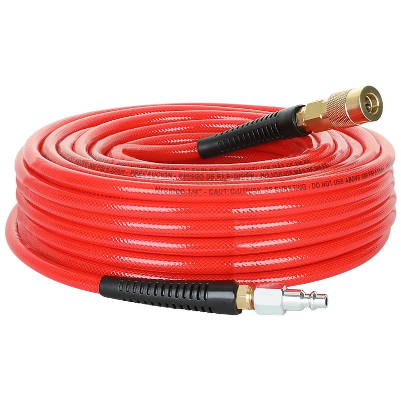 Hromee 1/4-Inch x 50 Feet Polyurethane Air Hose with Bend Restrictors PU Compressor Hose with 1/4" Industrial Quick Coupler and Plug Kit, Red - Image 1