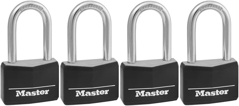 Master Lock 141QLF Covered Aluminum Padlock with Key, 4 Pack Keyed Alike, Black - Image 1