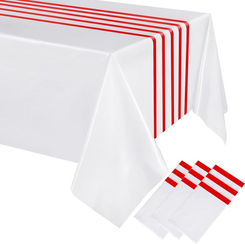 Oudain 3 Pcs Striped Tablecloth 108 x 54 Inch Rectangle Table Cover Disposable Plastic Table Cloth Waterproof Rectangle Tablecloth Plastic Table Cover for Birthday Wedding Brida (Red White) - Image 1