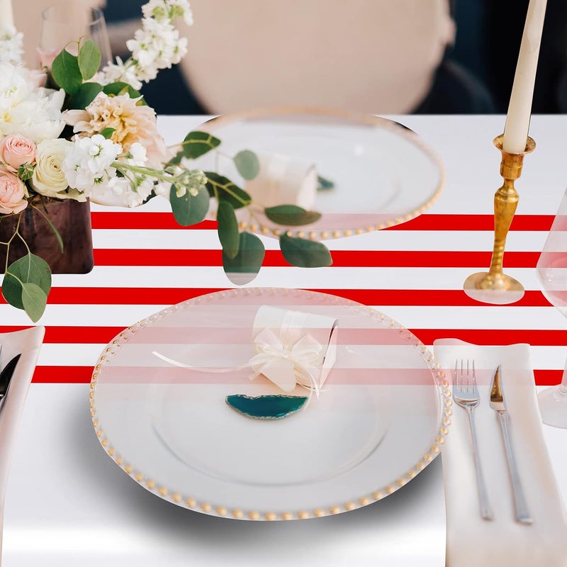 Oudain 3 Pcs Striped Tablecloth 108 x 54 Inch Rectangle Table Cover Disposable Plastic Table Cloth Waterproof Rectangle Tablecloth Plastic Table Cover for Birthday Wedding Brida (Red White) - Image 5