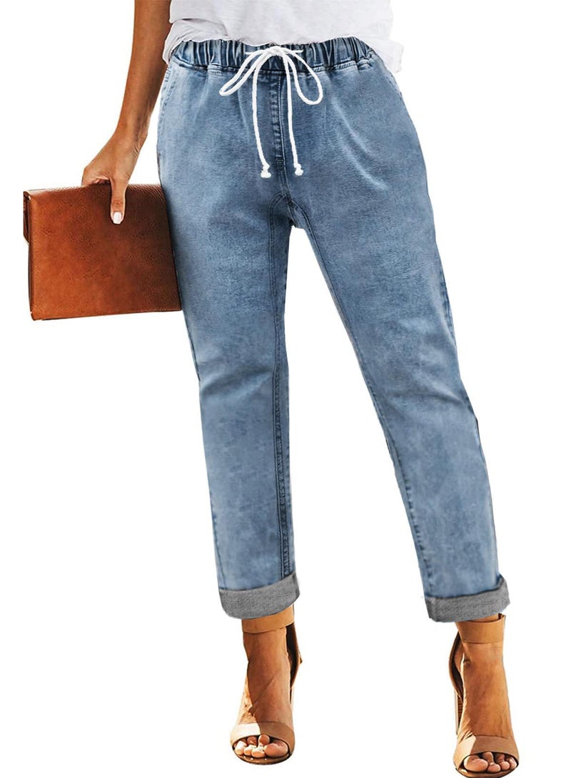 Sweezarmo Women's Pull On Solid Color Jeans Drawstring Elastic Waist Denim Stretch Joggers Blue Small - Image 1