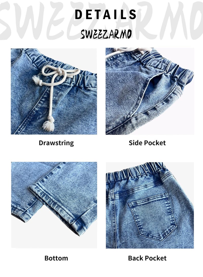 Sweezarmo Women's Pull On Solid Color Jeans Drawstring Elastic Waist Denim Stretch Joggers Blue Small - Image 5