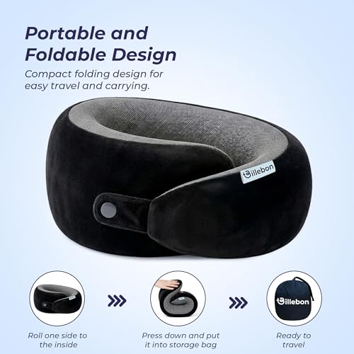 Billebon Memory Foam Neck Pillow with Cooling Gel, Snake Shape Travel Pillow with Snap Button, Neck Rest for Travelling & Flight Travel, Ergonomic Support for Comfort & Pain Relief (Black Combo) - Image 5