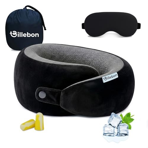 Billebon Memory Foam Neck Pillow with Cooling Gel, Snake Shape Travel Pillow with Snap Button, Neck Rest for Travelling & Flight Travel, Ergonomic Support for Comfort & Pain Relief (Black Combo) - Image 1