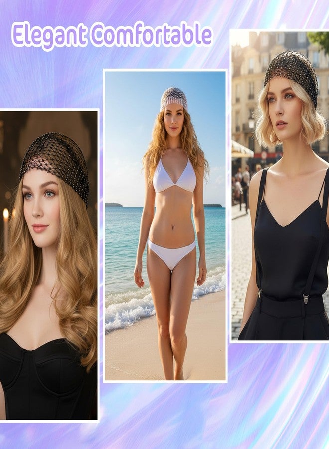 Andibro طوق رأس شبكي مرصع بأحجار الراين من أنديبرو، قطعتان، وشاح رأس شبكي كريستالي لامع، وشاح رأس عريض قابل للتعديل، إكسسوار شعر للنساء لحفلات النوادي الليلية - Image 2