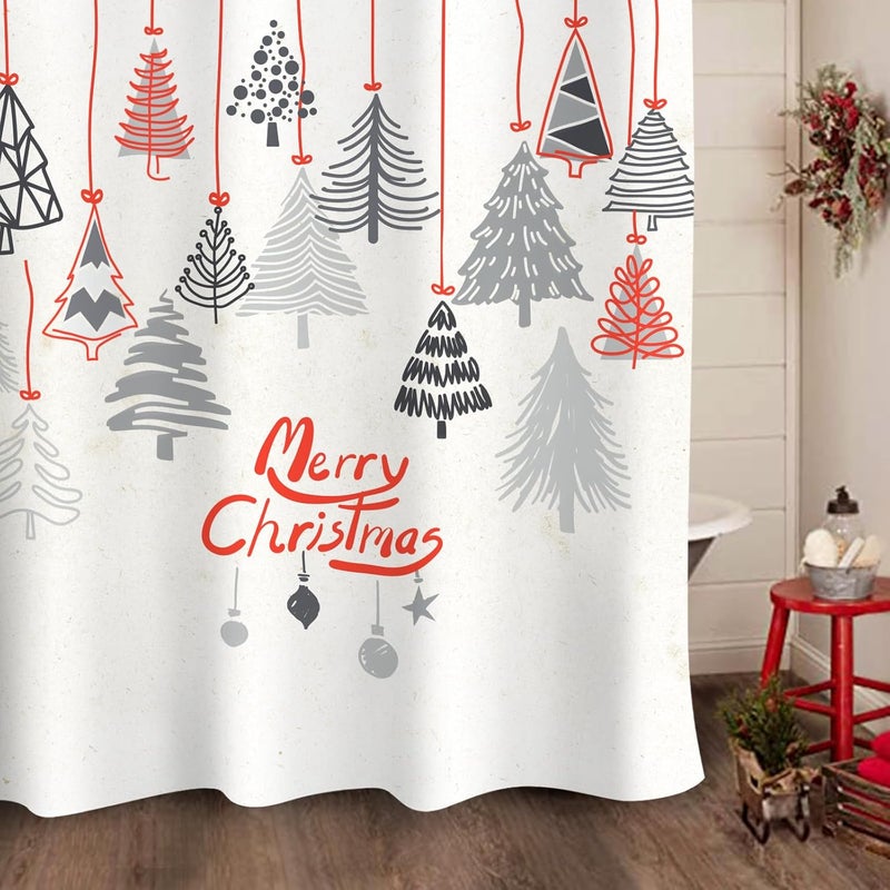 Sunlit Merry Christmas Abstract Xmas Trees Shower Curtain, Red Line Hang on Pine Tree Shower Curtain for Bathroom Decor, 71x71 Inch - Image 4