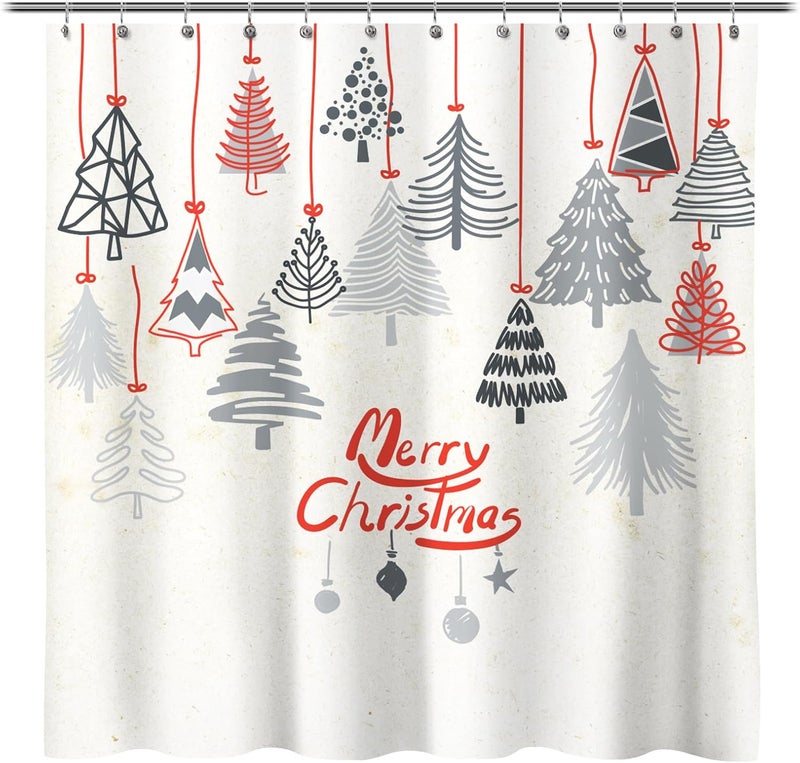 Sunlit Merry Christmas Abstract Xmas Trees Shower Curtain, Red Line Hang on Pine Tree Shower Curtain for Bathroom Decor, 71x71 Inch - Image 1