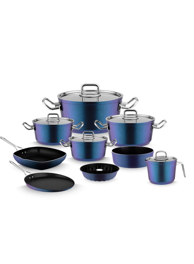 Lines Turkish Granite Cookware Set – 14 Piece Set – Stainless Steel Lid – Suitable for all stovetops – Made in Turkey  Lines Turkish Granite Cookware Set – 14 Piece Set – Sizes 18/20/24/28 cm + 26 cm Crepe Pan + 28 cm Grill Pan + 16 cm Casserole Dish + 34.5 cm Oven Tray + Cake Pan – Stainless Steel Lid – 8 Colors blue/purple