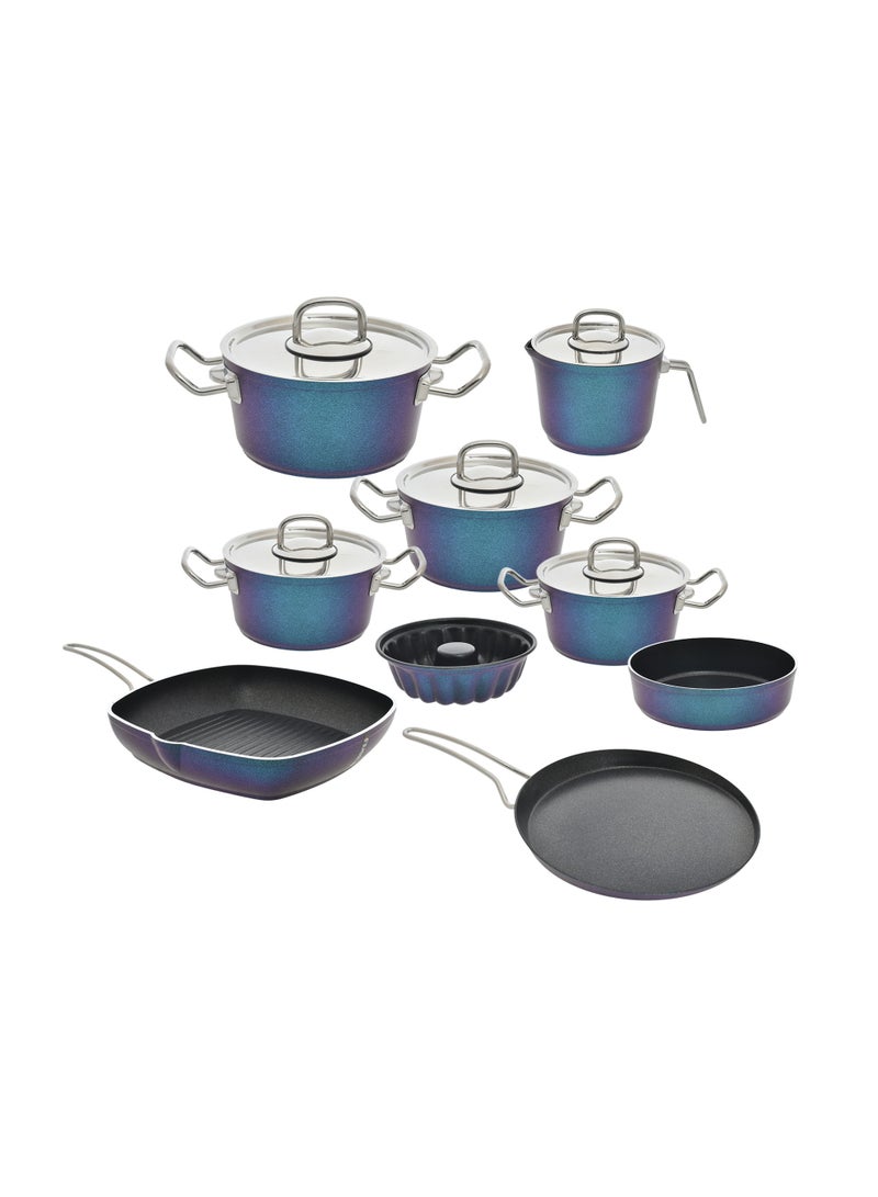 Lines Turkish Granite Cookware Set – 14 Piece Set – Stainless Steel Lid – Suitable for all stovetops – Made in Turkey  Lines Turkish Granite Cookware Set – 14 Piece Set – Sizes 18/20/24/28 cm + 26 cm Crepe Pan + 28 cm Grill Pan + 16 cm Casserole Dish + 34.5 cm Oven Tray + Cake Pan – Stainless Steel Lid – 8 Colors blue/purple - Image 2