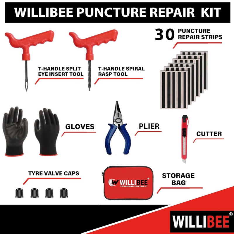 WILLIBEE طقم إصلاح ثقوب الإطارات بدون أنابيب 8 في 1 (عبوة من 30 شريط) للسيارة والدراجة والسكوتر وSUV - مجموعة أدوات إصلاح الإطارات الطارئة العالمية، طقم إصلاح ثقوب الإطارات (مع حقيبة تخزين) - Image 2