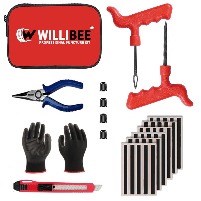 WILLIBEE طقم إصلاح ثقوب الإطارات بدون أنابيب 8 في 1 (عبوة من 30 شريط) للسيارة والدراجة والسكوتر وSUV - مجموعة أدوات إصلاح الإطارات الطارئة العالمية، طقم إصلاح ثقوب الإطارات (مع حقيبة تخزين) - Image 1