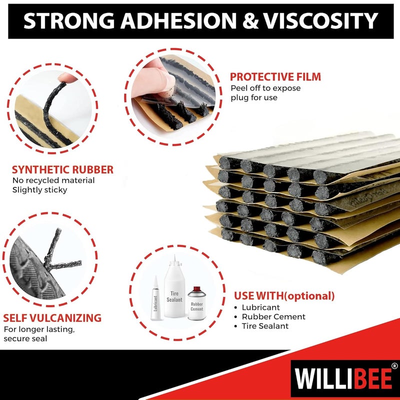 WILLIBEE طقم إصلاح ثقوب الإطارات بدون أنابيب 8 في 1 (عبوة من 30 شريط) للسيارة والدراجة والسكوتر وSUV - مجموعة أدوات إصلاح الإطارات الطارئة العالمية، طقم إصلاح ثقوب الإطارات (مع حقيبة تخزين) - Image 4