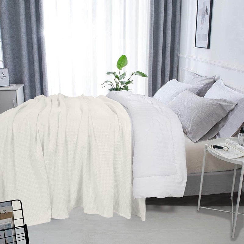 DOLLCENT 100% Cotton Queen Size Blanket for Bed, Premium Soft Combed Lightweight Blankets, Washed Breathable Cozy Bed Throw Blanket, Ivory Queen Cotton Blankets for All Season: Ivory (90"x90") - Image 2